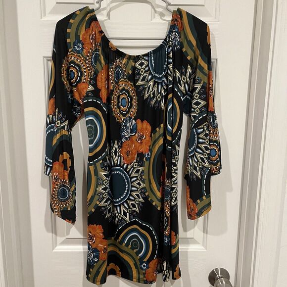 Womens Sz S Floral Off Shoulder Tunic Top / Dress Bell Sleeves Stretch Halloween - Picture 3 of 10